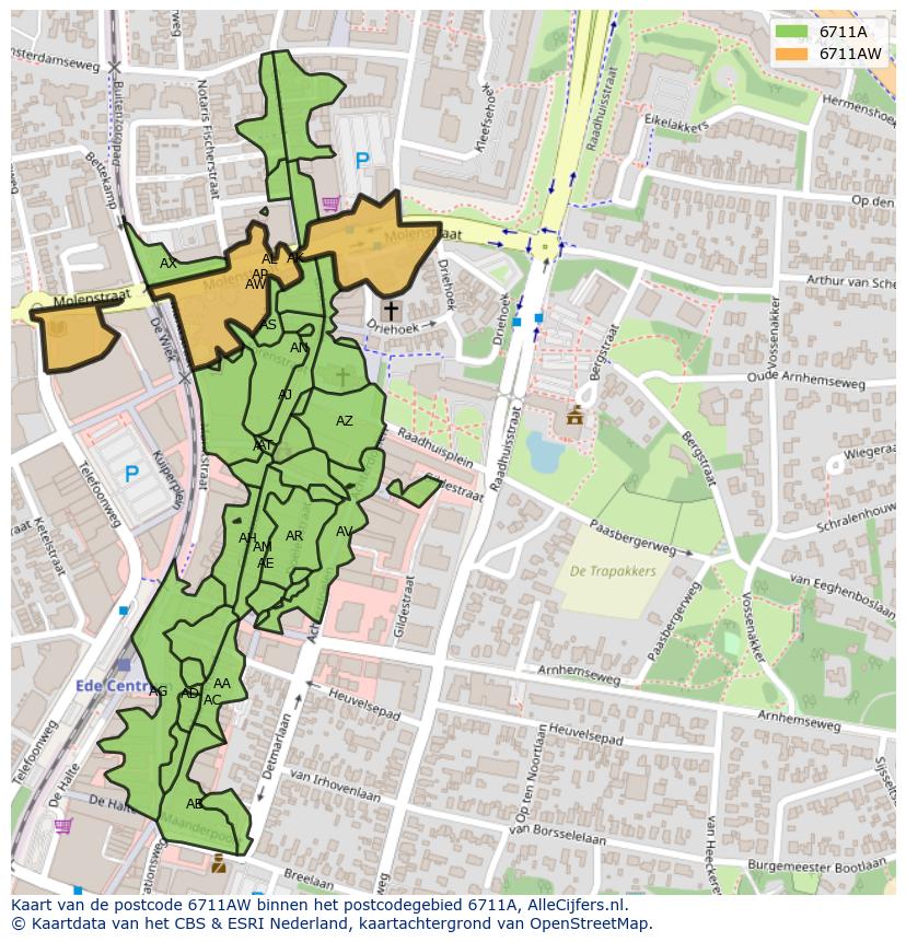 Afbeelding van het postcodegebied 6711 AW op de kaart.