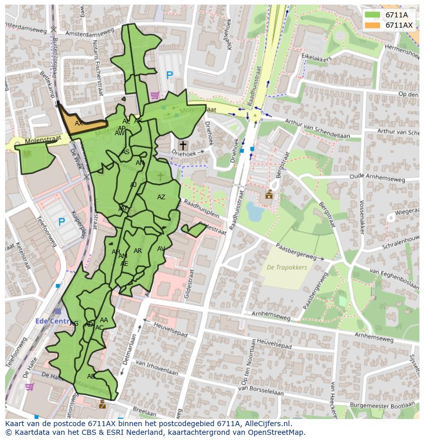 Afbeelding van het postcodegebied 6711 AX op de kaart.