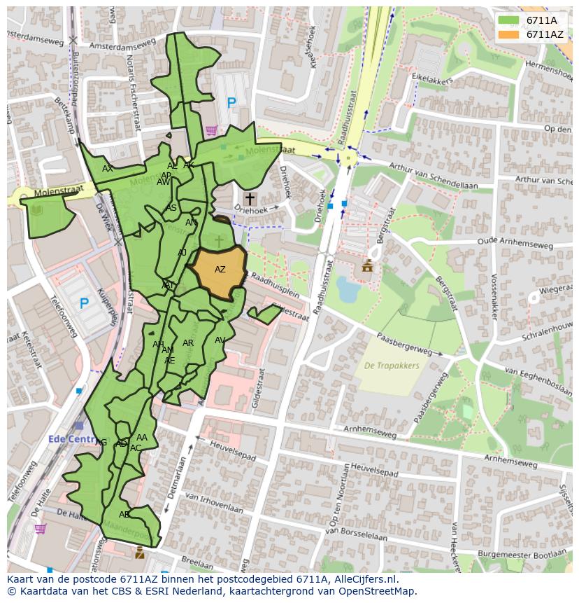 Afbeelding van het postcodegebied 6711 AZ op de kaart.