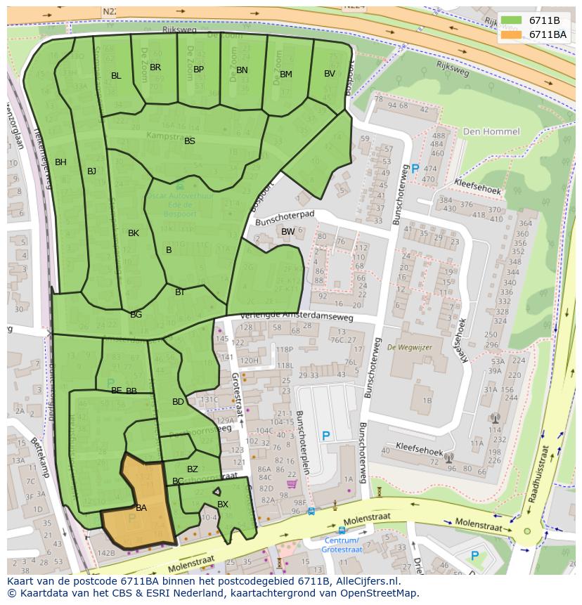Afbeelding van het postcodegebied 6711 BA op de kaart.