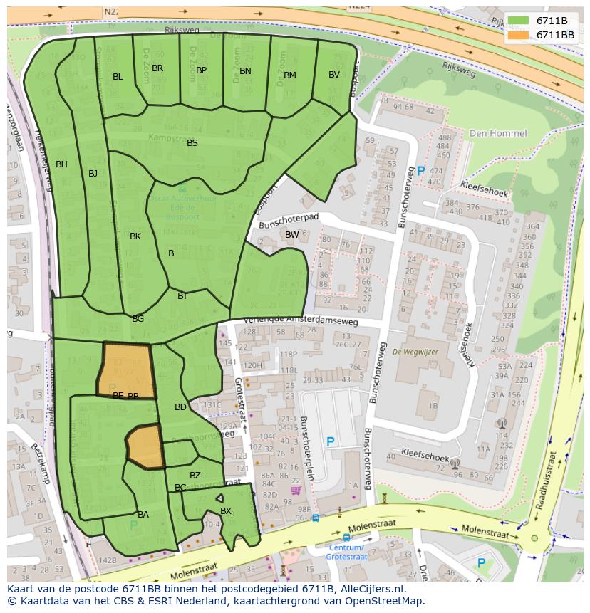 Afbeelding van het postcodegebied 6711 BB op de kaart.