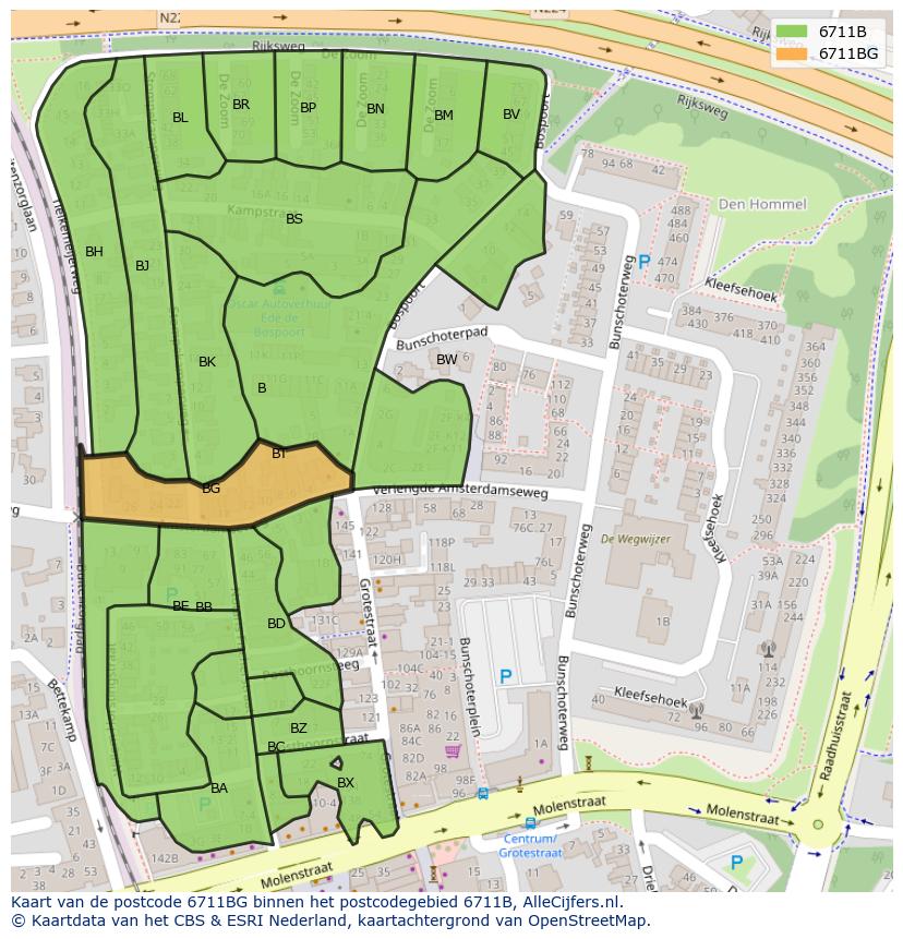 Afbeelding van het postcodegebied 6711 BG op de kaart.