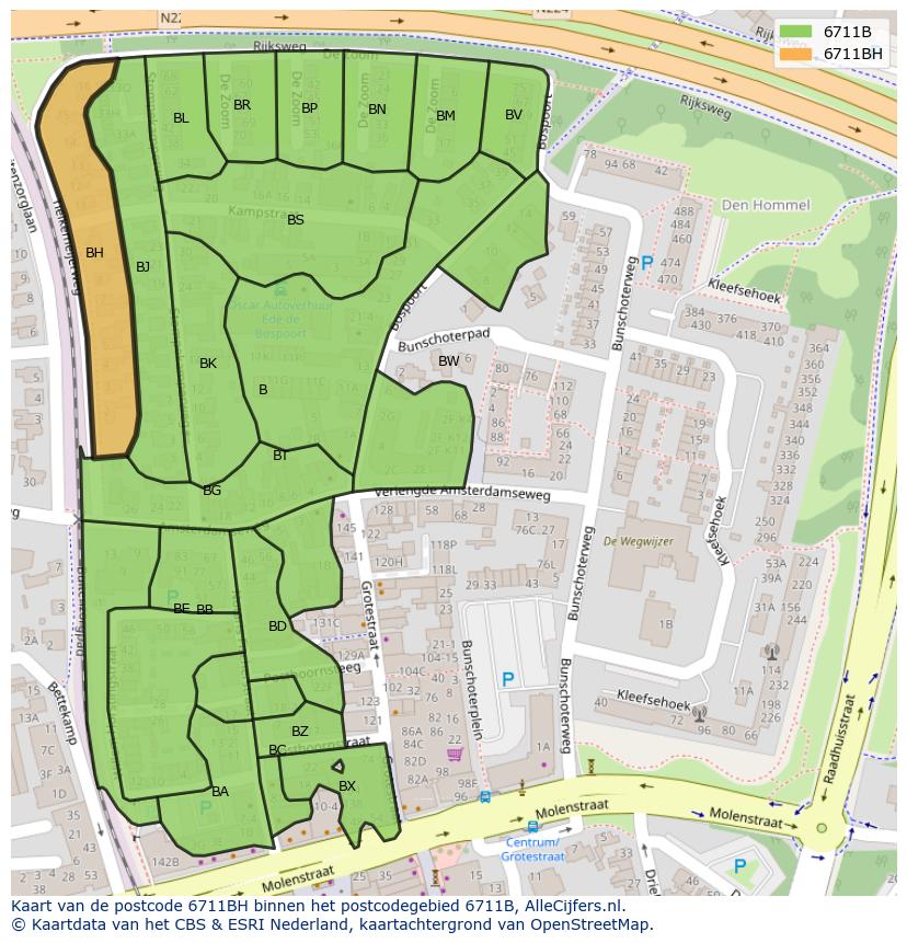 Afbeelding van het postcodegebied 6711 BH op de kaart.
