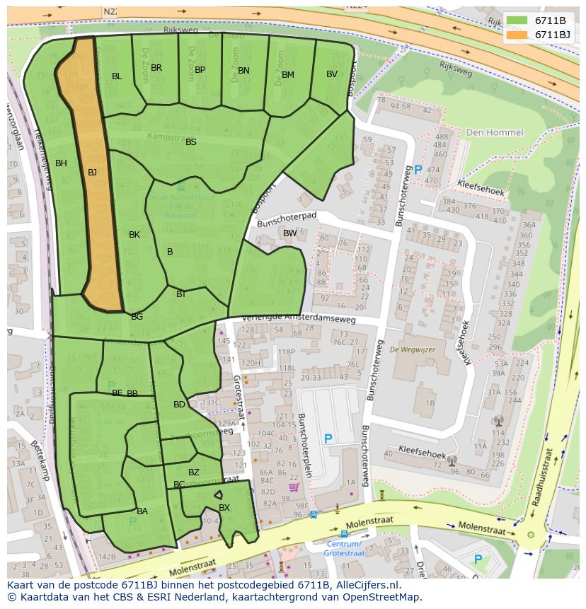Afbeelding van het postcodegebied 6711 BJ op de kaart.