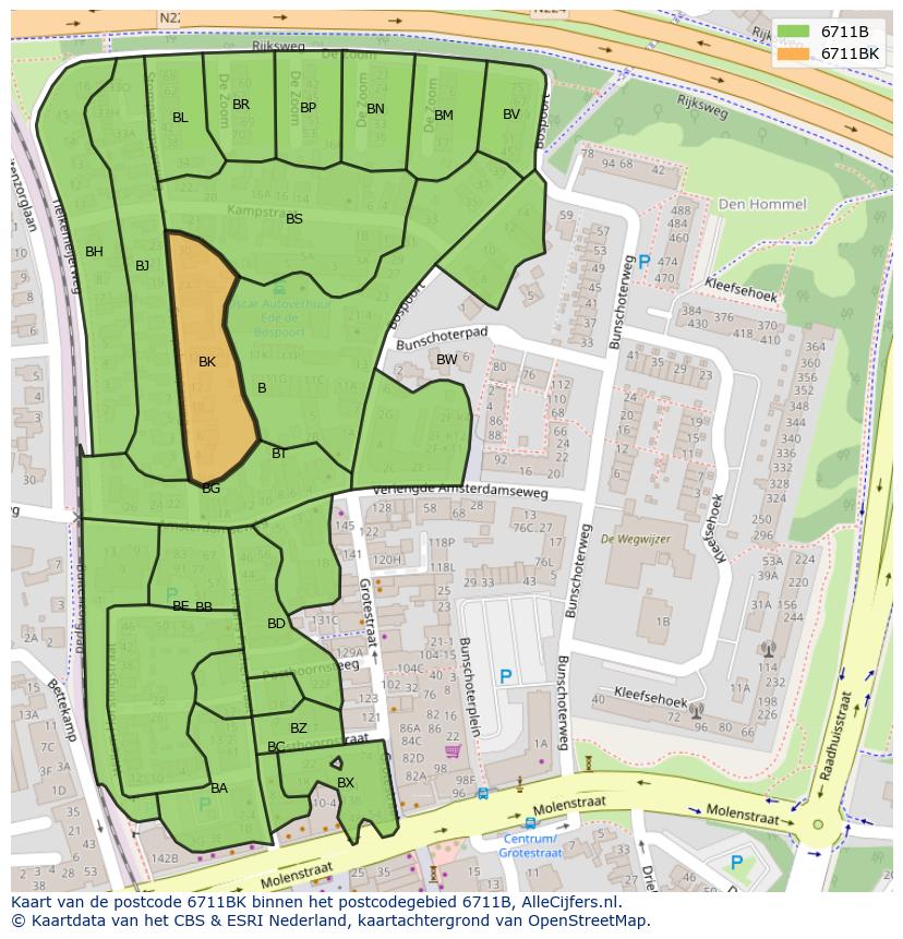 Afbeelding van het postcodegebied 6711 BK op de kaart.