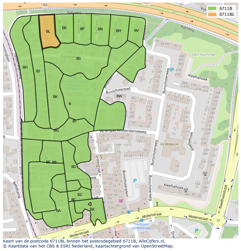 Afbeelding van het postcodegebied 6711 BL op de kaart.
