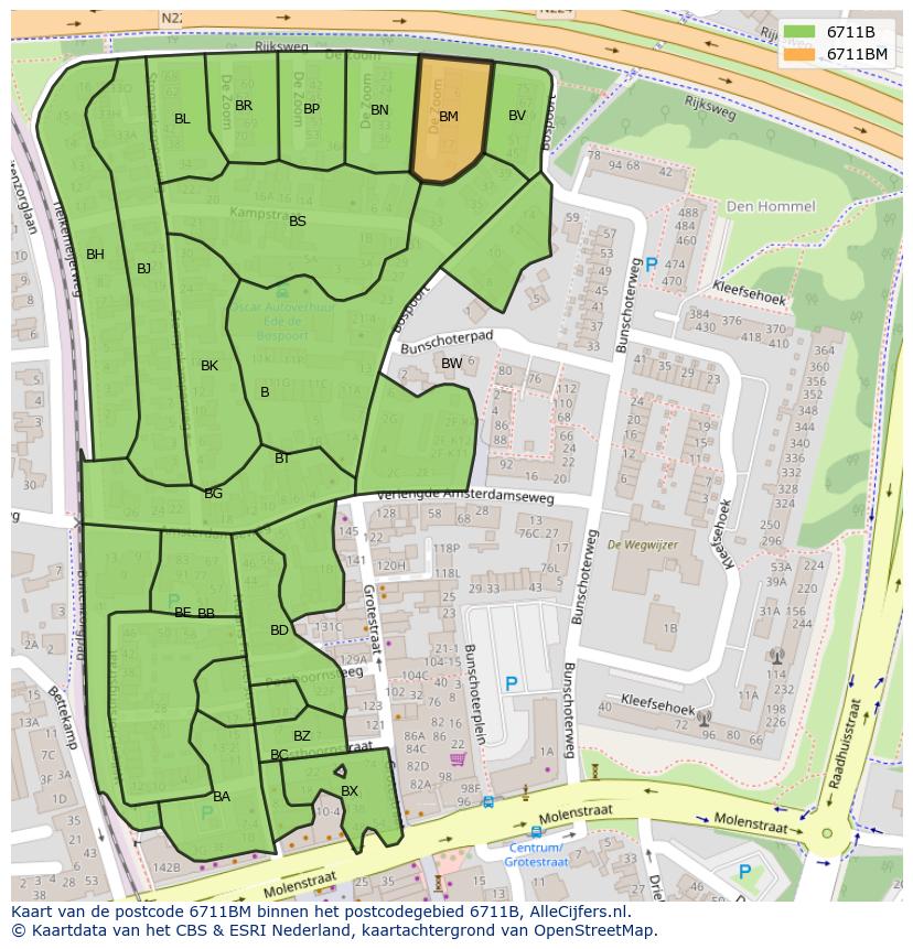 Afbeelding van het postcodegebied 6711 BM op de kaart.