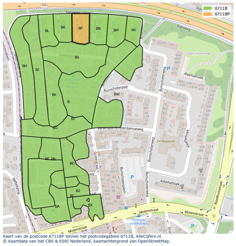 Afbeelding van het postcodegebied 6711 BP op de kaart.