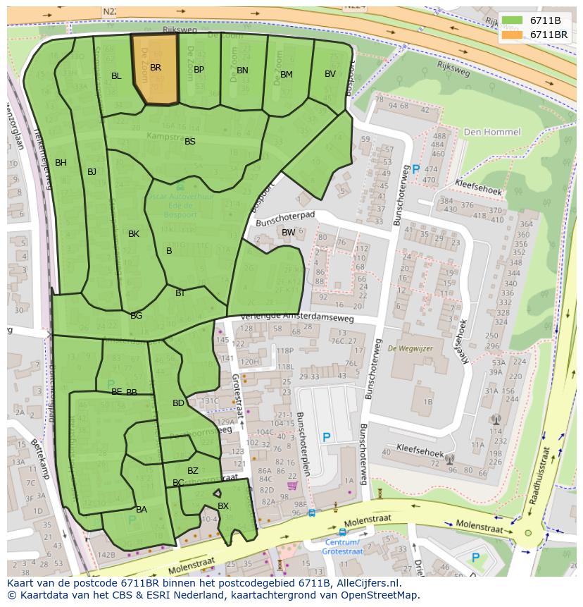 Afbeelding van het postcodegebied 6711 BR op de kaart.