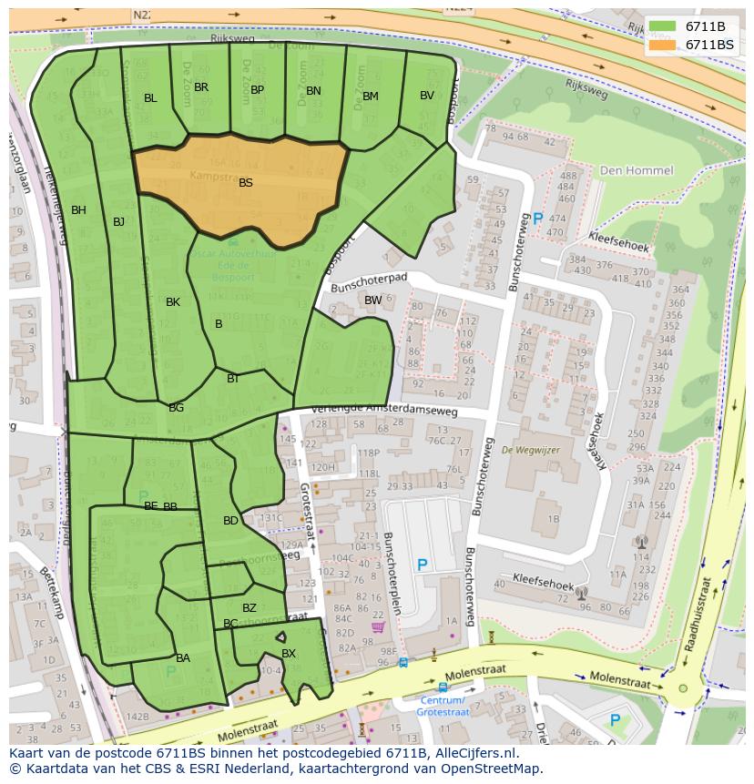 Afbeelding van het postcodegebied 6711 BS op de kaart.