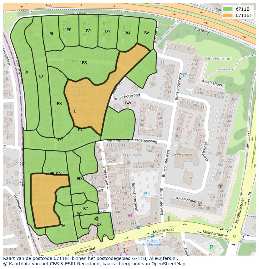 Afbeelding van het postcodegebied 6711 BT op de kaart.