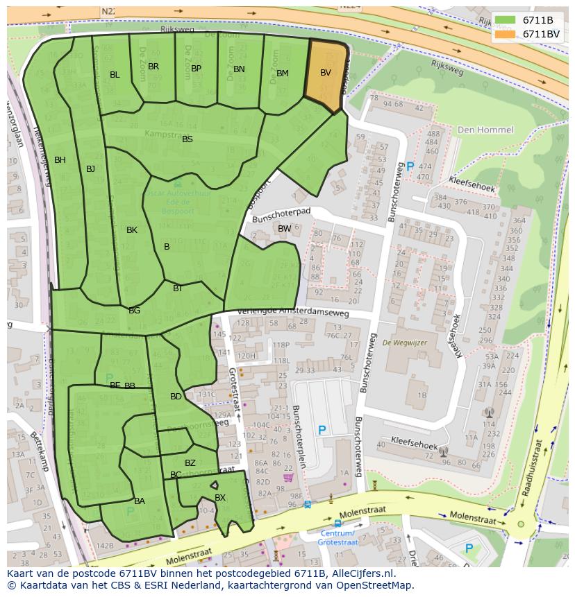 Afbeelding van het postcodegebied 6711 BV op de kaart.