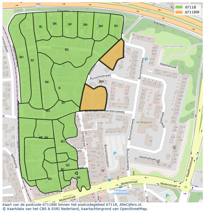 Afbeelding van het postcodegebied 6711 BW op de kaart.