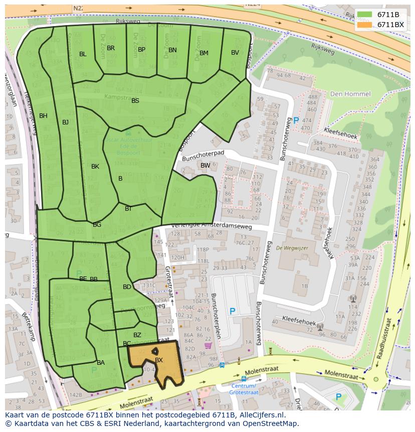 Afbeelding van het postcodegebied 6711 BX op de kaart.