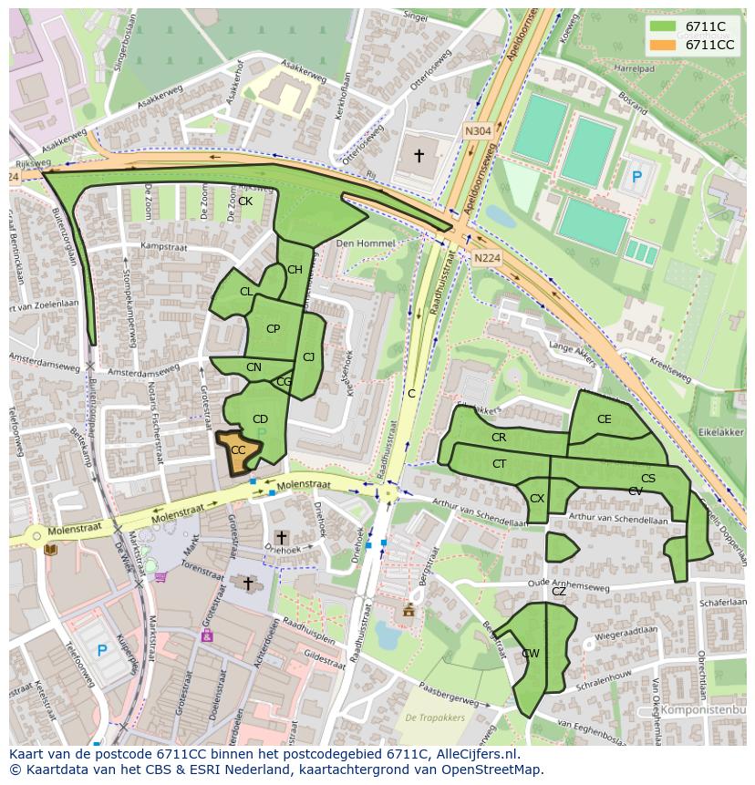 Afbeelding van het postcodegebied 6711 CC op de kaart.
