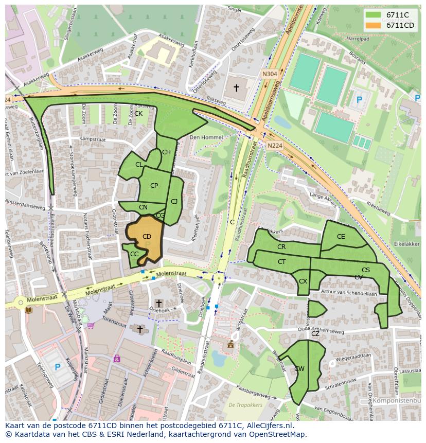 Afbeelding van het postcodegebied 6711 CD op de kaart.
