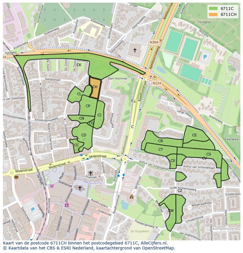 Afbeelding van het postcodegebied 6711 CH op de kaart.