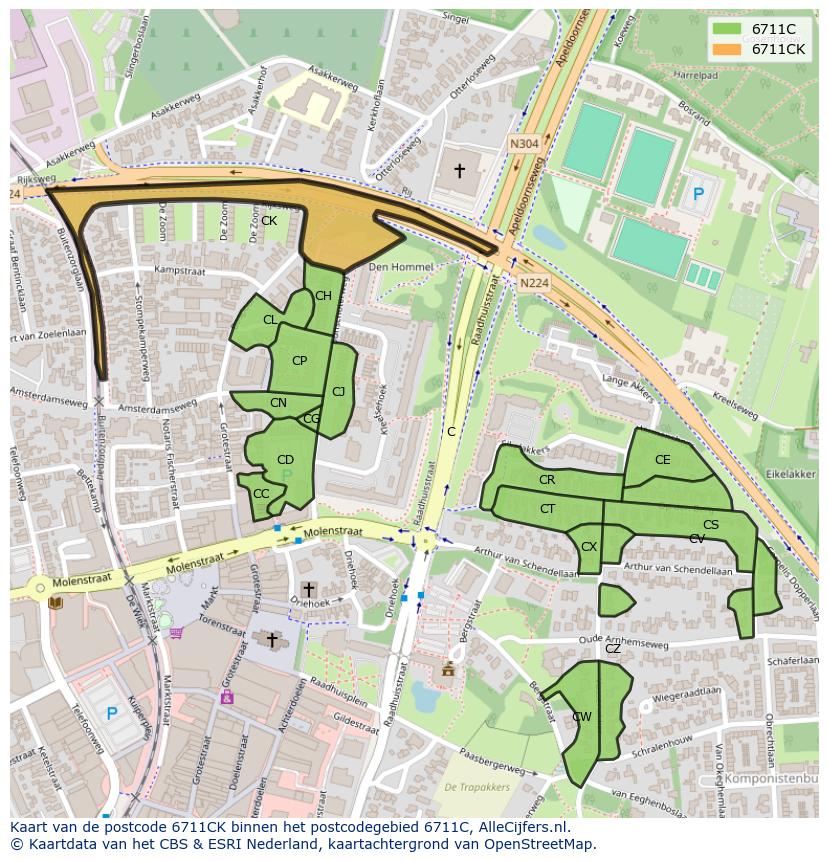 Afbeelding van het postcodegebied 6711 CK op de kaart.