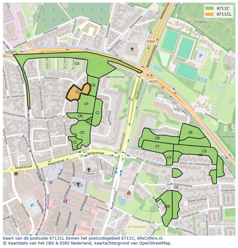 Afbeelding van het postcodegebied 6711 CL op de kaart.