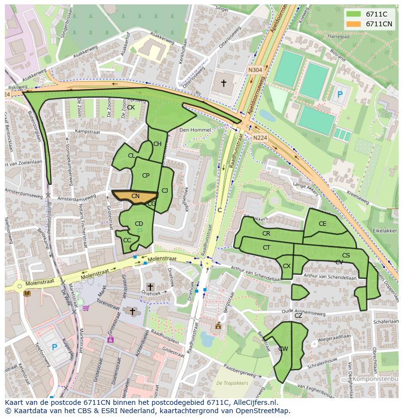 Afbeelding van het postcodegebied 6711 CN op de kaart.