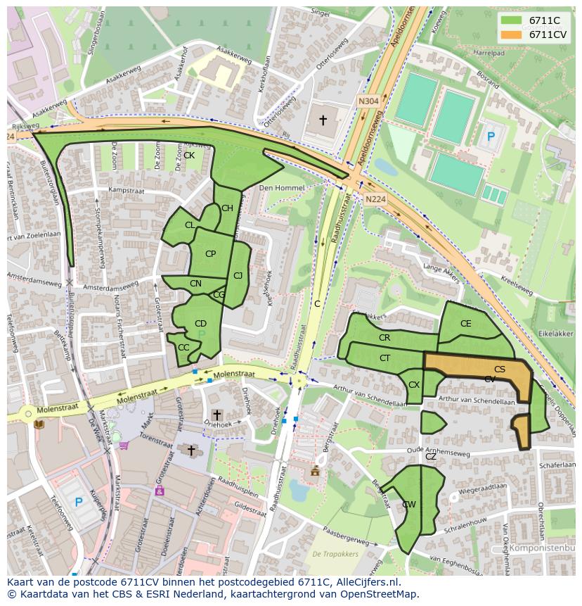 Afbeelding van het postcodegebied 6711 CV op de kaart.