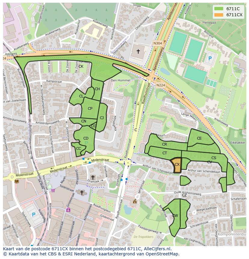 Afbeelding van het postcodegebied 6711 CX op de kaart.