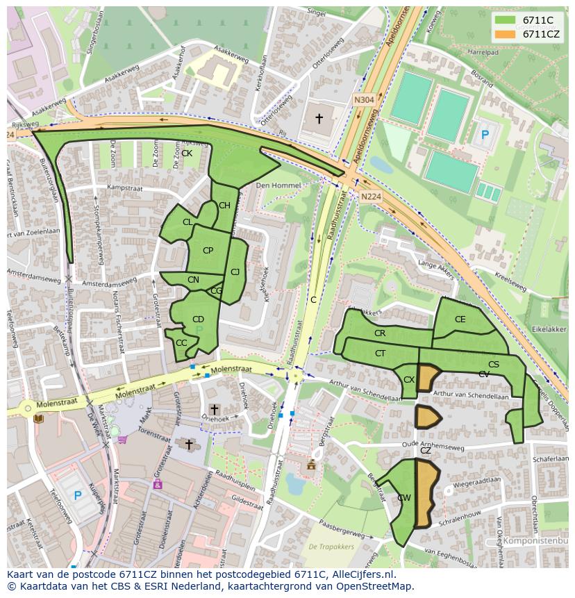 Afbeelding van het postcodegebied 6711 CZ op de kaart.