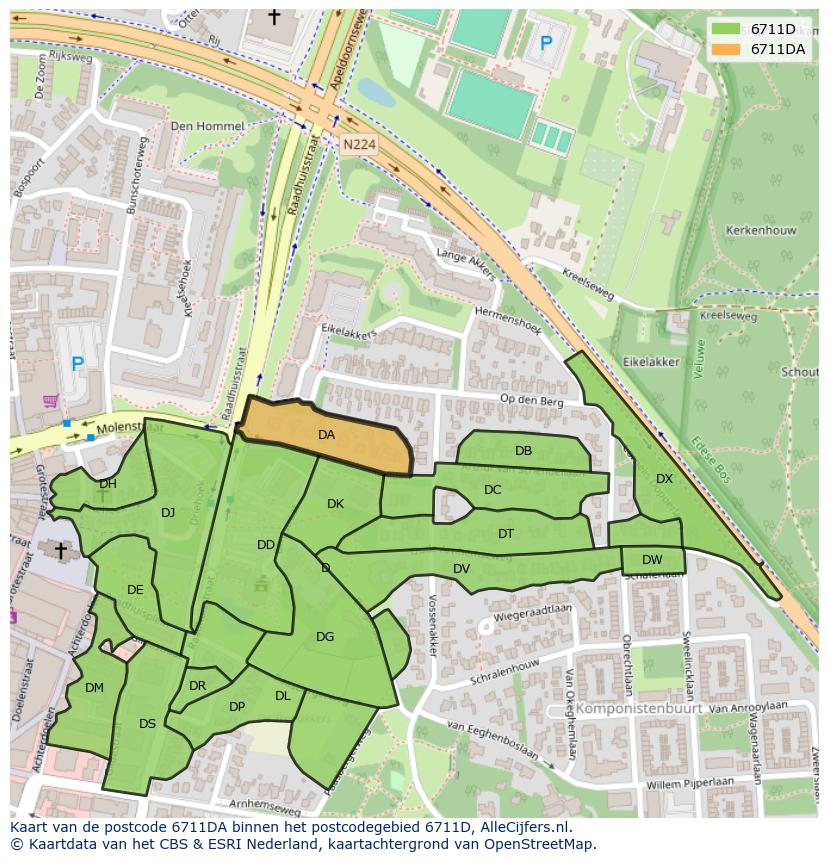 Afbeelding van het postcodegebied 6711 DA op de kaart.