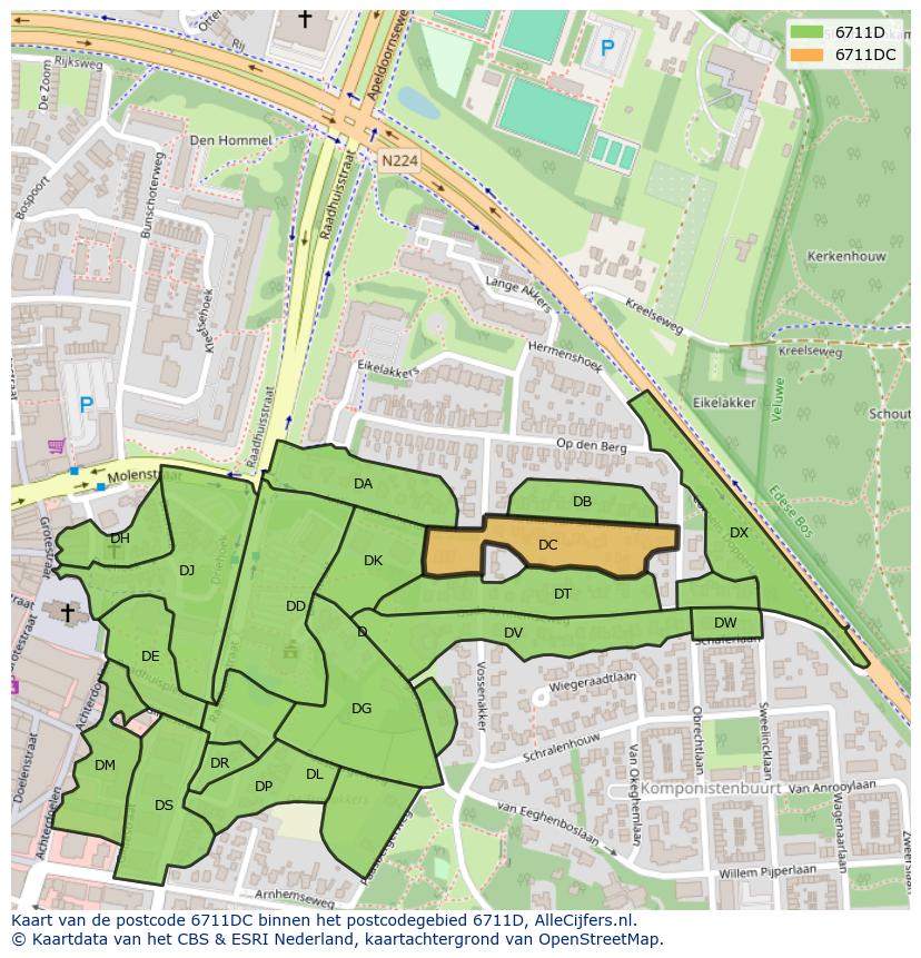 Afbeelding van het postcodegebied 6711 DC op de kaart.