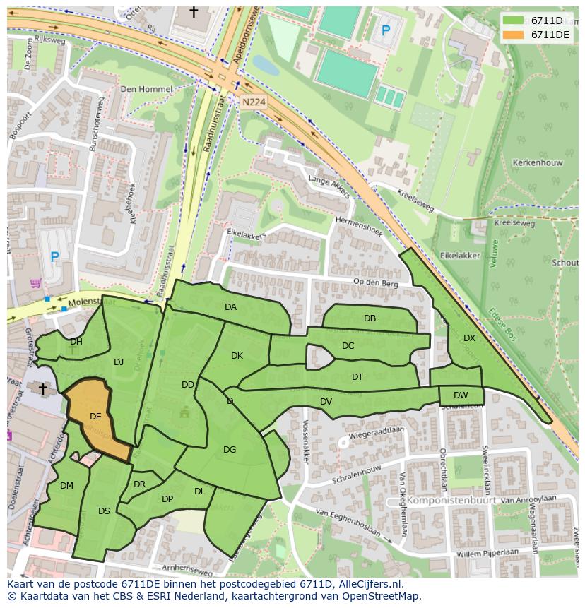 Afbeelding van het postcodegebied 6711 DE op de kaart.