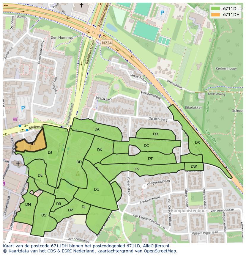 Afbeelding van het postcodegebied 6711 DH op de kaart.