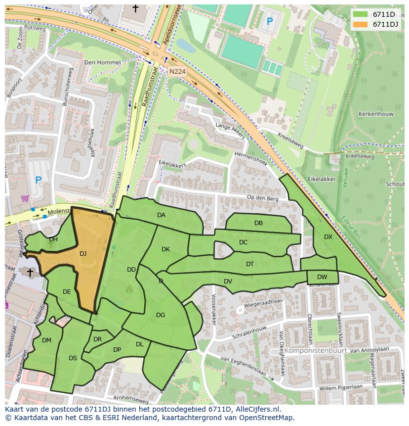 Afbeelding van het postcodegebied 6711 DJ op de kaart.