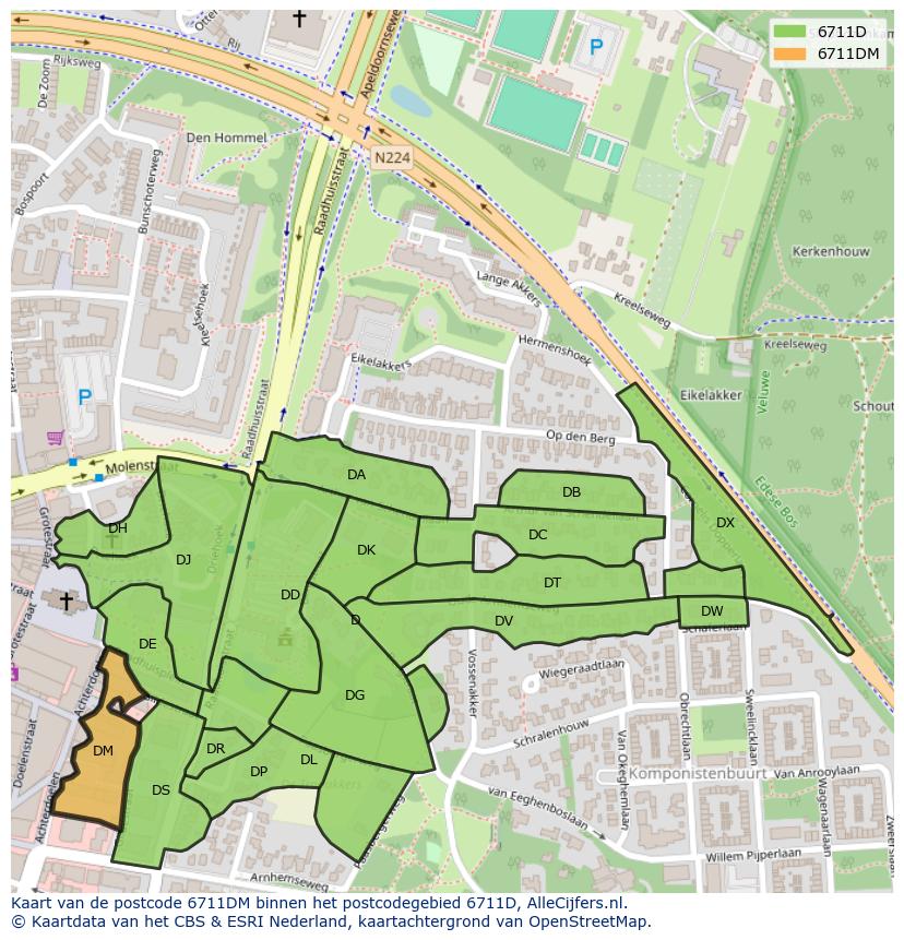 Afbeelding van het postcodegebied 6711 DM op de kaart.