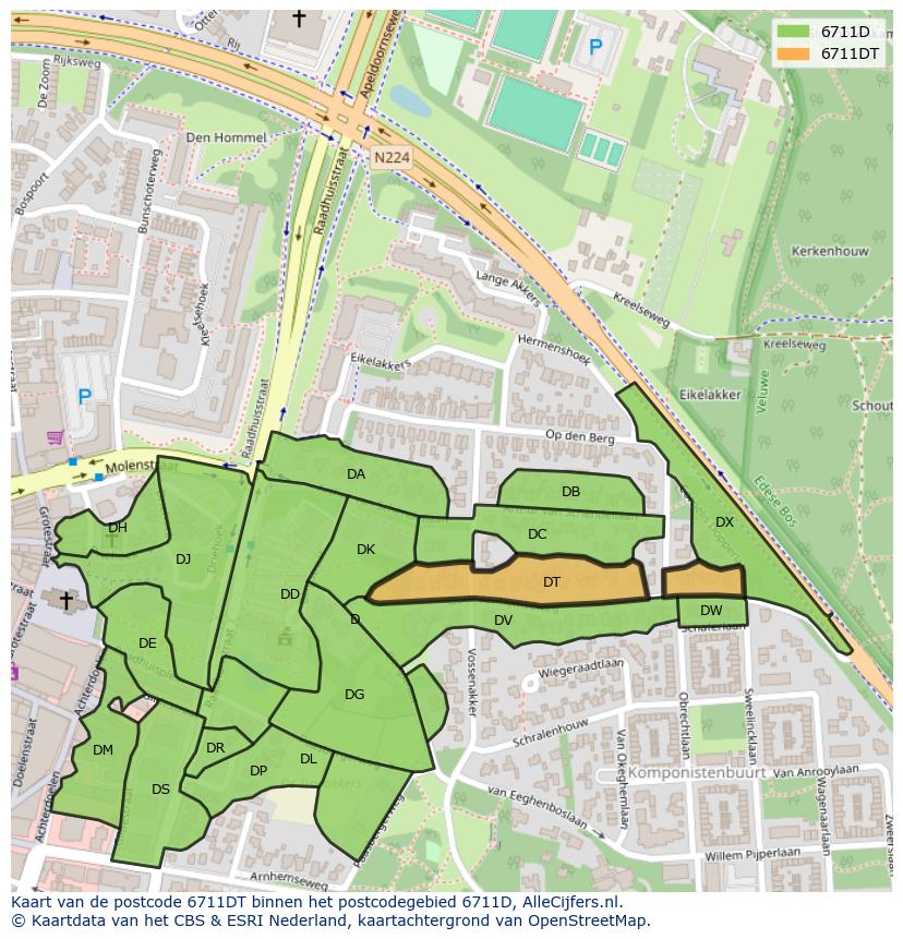 Afbeelding van het postcodegebied 6711 DT op de kaart.