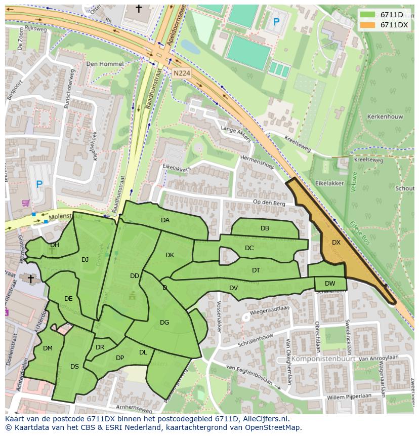 Afbeelding van het postcodegebied 6711 DX op de kaart.
