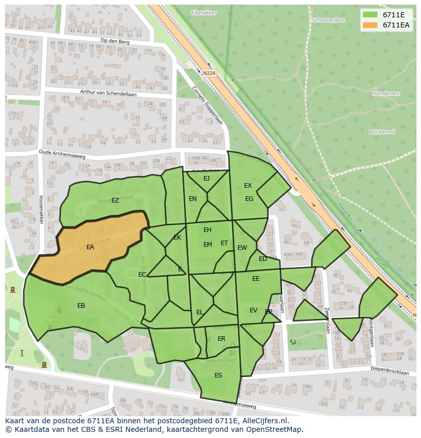 Afbeelding van het postcodegebied 6711 EA op de kaart.