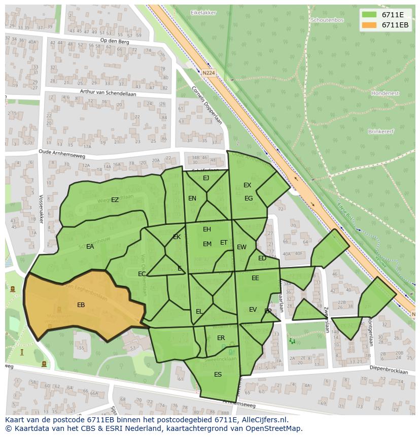 Afbeelding van het postcodegebied 6711 EB op de kaart.