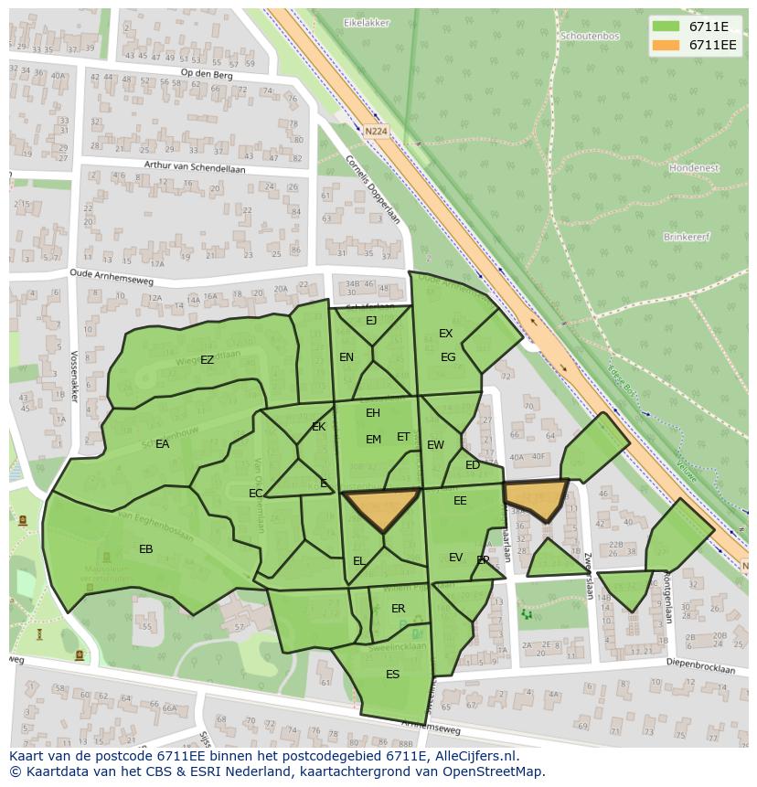 Afbeelding van het postcodegebied 6711 EE op de kaart.