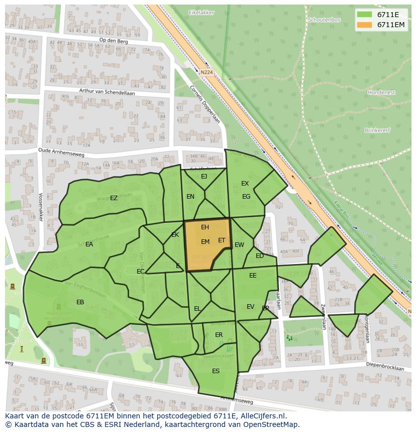 Afbeelding van het postcodegebied 6711 EM op de kaart.