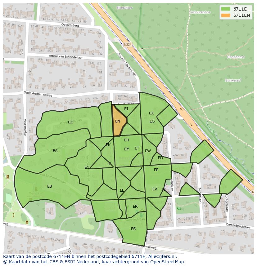 Afbeelding van het postcodegebied 6711 EN op de kaart.