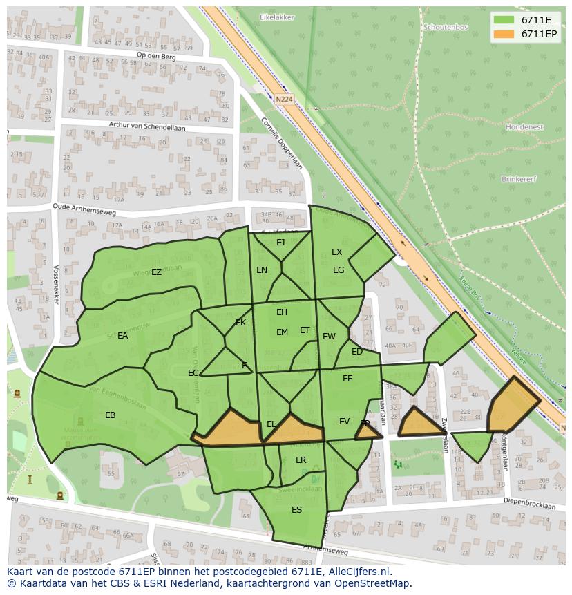 Afbeelding van het postcodegebied 6711 EP op de kaart.