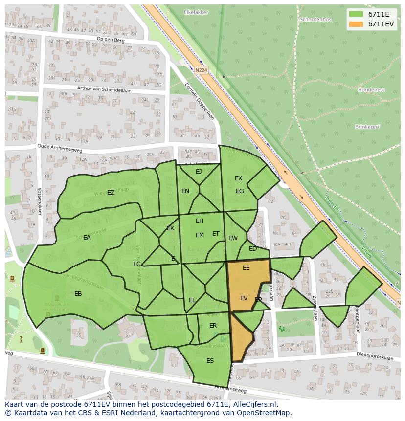 Afbeelding van het postcodegebied 6711 EV op de kaart.