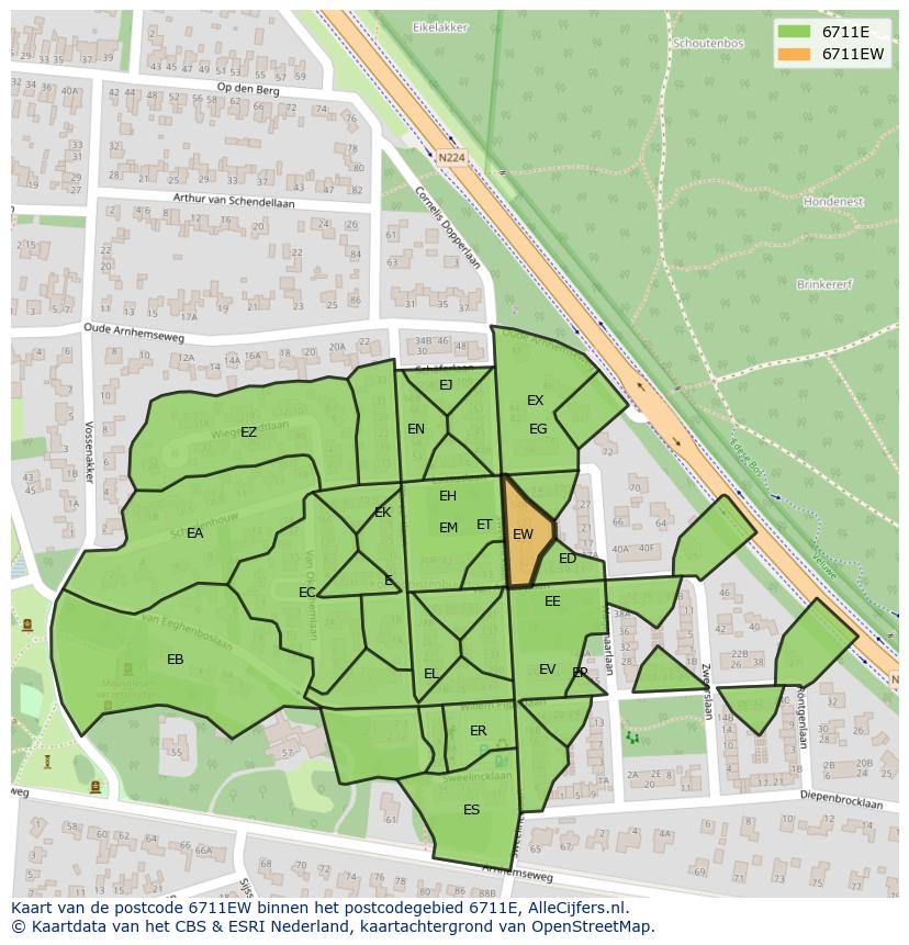 Afbeelding van het postcodegebied 6711 EW op de kaart.