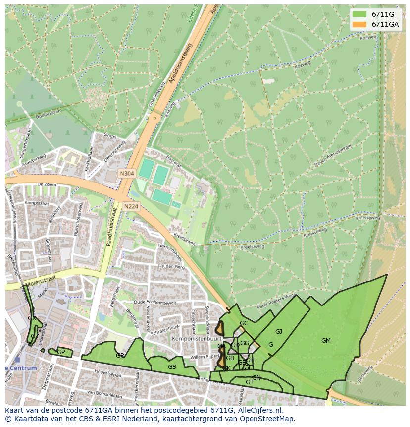 Afbeelding van het postcodegebied 6711 GA op de kaart.