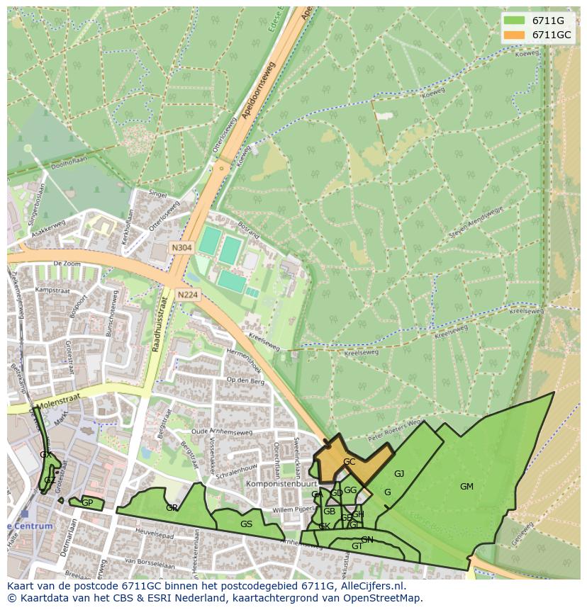 Afbeelding van het postcodegebied 6711 GC op de kaart.