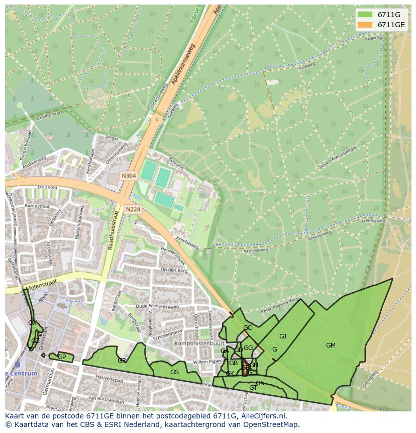 Afbeelding van het postcodegebied 6711 GE op de kaart.