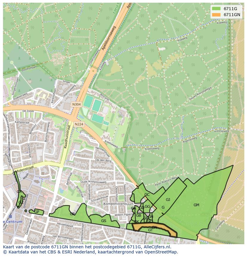 Afbeelding van het postcodegebied 6711 GN op de kaart.