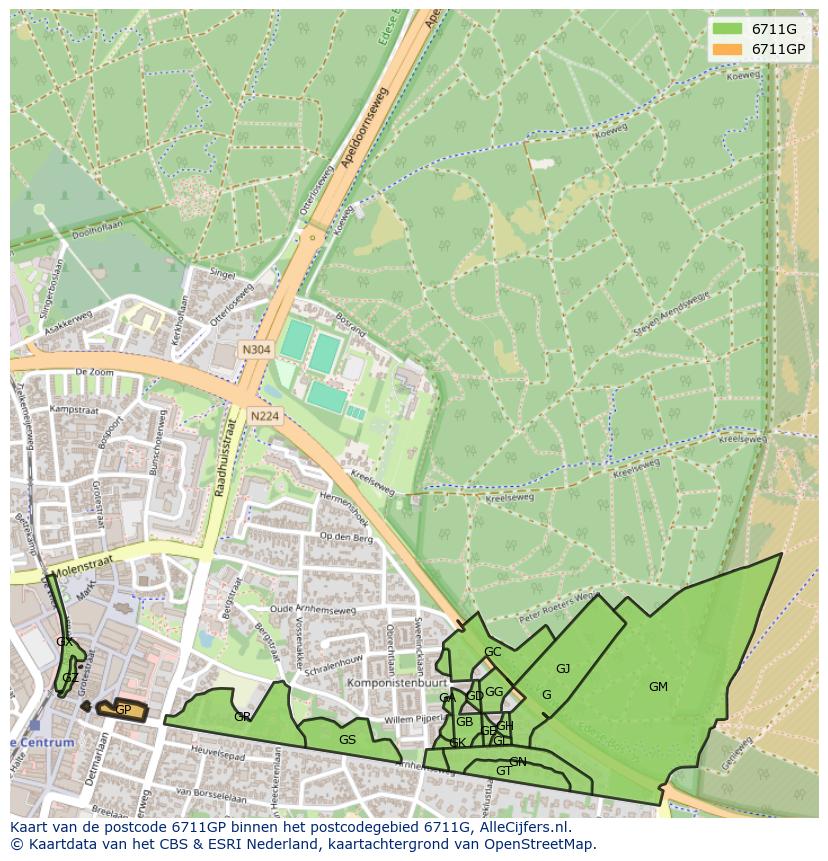 Afbeelding van het postcodegebied 6711 GP op de kaart.