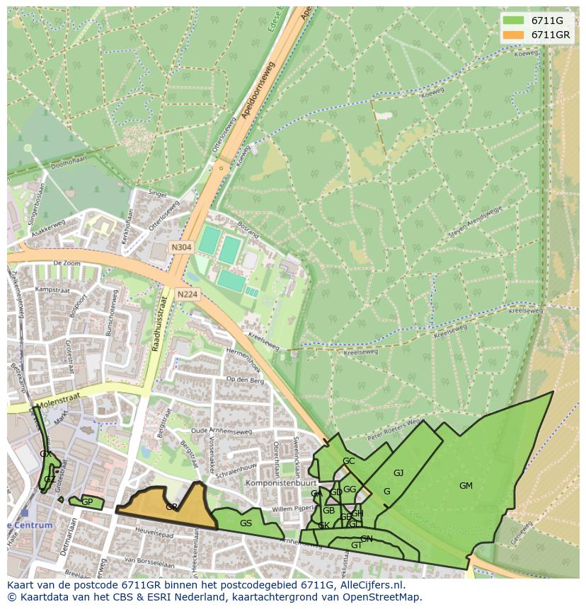 Afbeelding van het postcodegebied 6711 GR op de kaart.