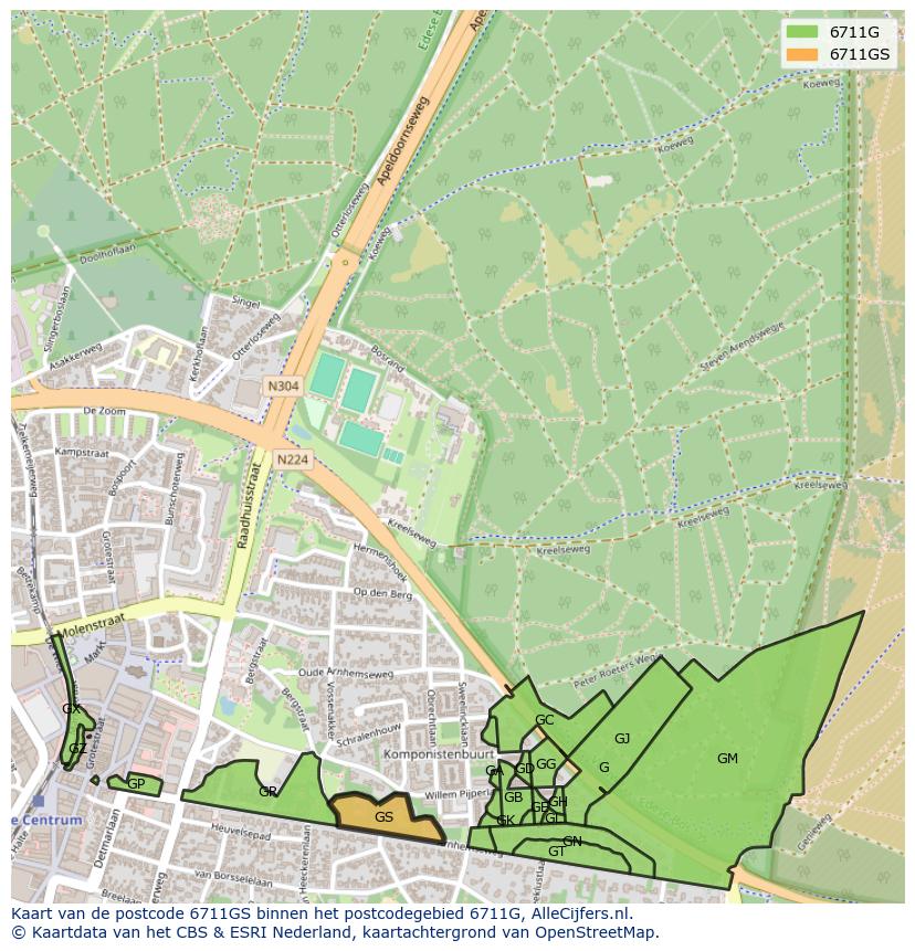 Afbeelding van het postcodegebied 6711 GS op de kaart.